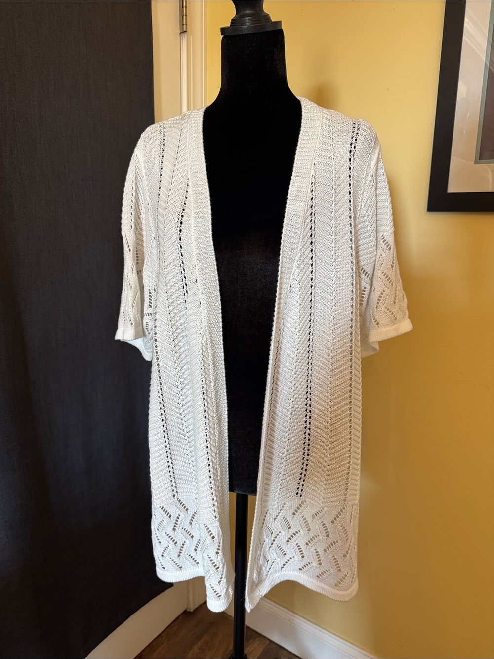 Cyrus White Open-Knit Short Sleeve Cardigan